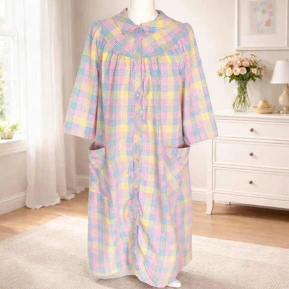 Pastel Plaid Cottagecore Dress Prairie Smock Midi Pockets Vintage Style M - Picture 2 of 9